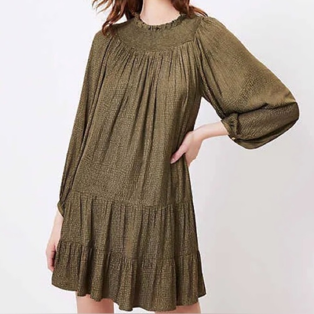Loft Olive Green Smocked Yoke Swing Dress Size Medium